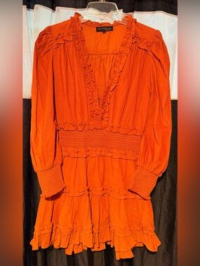 Preloved House of Harlow 1960 Orange Ruffle Smocked-Waist Long Sleeve Dress